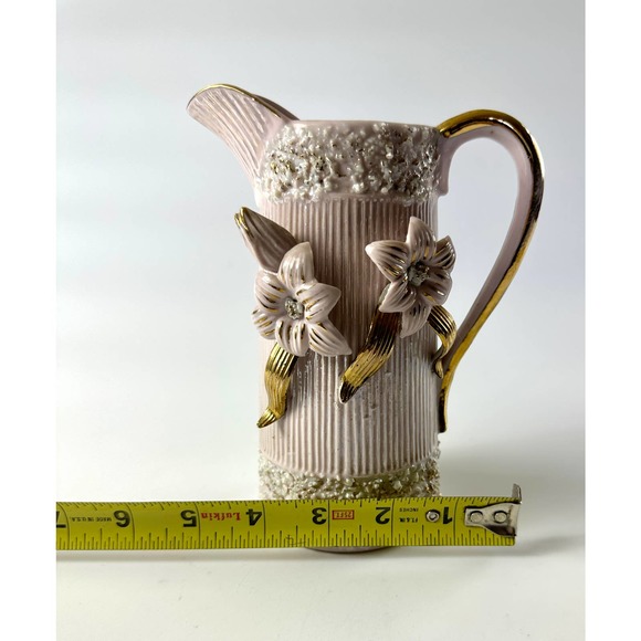 Vintage Ornate Pink Pitcher Vase With Gold Flower Details Hollywood Regency - Picture 9 of 11